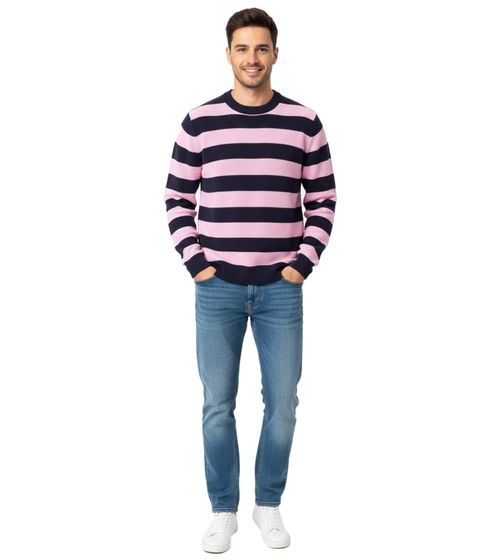 Pull rayé ESPRIT pour homme, col rond, 100 % coton, bleu foncé/rose