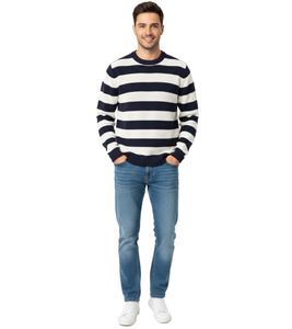 Pull rayé ESPRIT pour homme, col rond, 100 % coton, bleu foncé/blanc