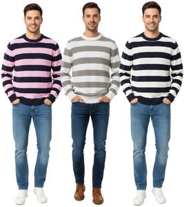 Stylish ESPRIT Men's Striped Knit Sweater, Crew Neck, Cotton Pullover in Dark Blue/Pink, White/Gray, or Dark Blue/White