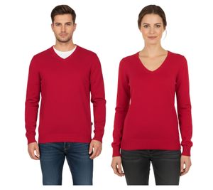 Stylischer Damen & Herren Strick-Pullover mit V-Ausschnitt Premium-Baumwolle 002 Rot