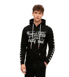 Trendy men's hoodie with bold front print. Hooded pullover with kangaroo pocket. Sweater 19138 Black