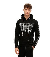 Trendy men's hoodie with bold front print. Hooded pullover with kangaroo pocket. Sweater 19138 Black