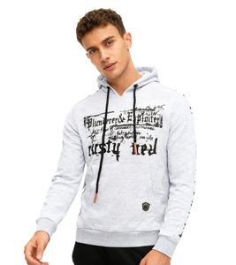 Trendy men's hoodie with bold front print. Hooded pullover with kangaroo pocket. Sweater 19138 Grey