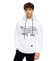 Trendy men's hoodie with bold front print. Hooded pullover with kangaroo pocket. Sweater 19138 White
