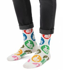 1 Paar Happy Socks Thumbs-Up Herren Socken mit Allover Daumen-Hoch-Print Baumwoll-Socken Alltags-Strümpfe P002590 Ecru-Weiß/Bunt