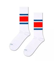 1 Pair of Happy Socks Simple Stripe Men's Striped Cotton Socks, Everyday Socks P002534 White/Red/Blue