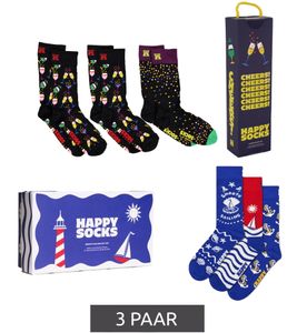 3 paires de chaussettes en coton Happy Socks « Édition Fêtes » avec imprimé coupes de champagne, cocktails et confettis, noir/multicolore ou « Navigation en douceur » motif bord de mer, bleu/rouge/blanc