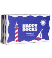 3 paires de chaussettes en coton Happy Socks « Édition Fêtes » avec imprimé coupes de champagne, cocktails et confettis, noir/multicolore ou « Navigation en douceur » motif bord de mer, bleu/rouge/blanc