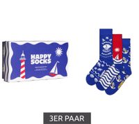 3 paires de chaussettes en coton Happy Socks « Édition Fêtes » avec imprimé coupes de champagne, cocktails et confettis, noir/multicolore ou « Navigation en douceur » motif bord de mer, bleu/rouge/blanc