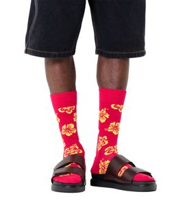 1 Pair of Happy Socks Hibiscus Women's Socks with Hibiscus Print, Cotton Socks, Everyday Socks, P0026109 Pink/Yellow