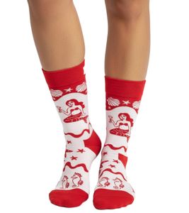 1 Paar Happy Socks Happy Mermaid Damen Socken Allover-Print mit Meeresmotiven Baumwoll-Socken Alltags-Strümpfe P002596 Weiß/Rot