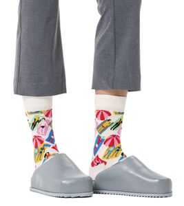 1 Paar Happy Socks Happy Lazy Day Damen Socken mit Allover Strand-Print Baumwoll-Socken Alltags-Strümpfe P002600 Weiß/Bunt
