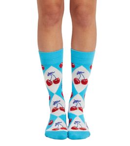 1 Paar Happy Socks Cherry Argyle Damen Socken mit Allover Kirschen-Print Baumwoll-Socken Alltags-Strümpfe P002570 Blau/Weiß/Rot