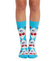1 Paar Happy Socks Cherry Argyle Damen Socken mit Allover Kirschen-Print Baumwoll-Socken Alltags-Strümpfe P002570 Blau/Weiß/Rot
