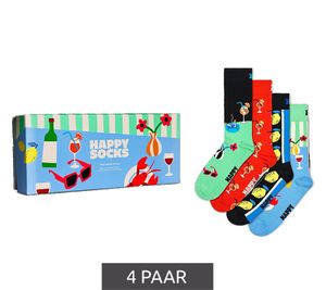 4 Paar Happy Socks Fancy Dinner Baumwoll-Socken mit Essens- und Getränkemotiven Alltags-Strümpfe in Geschenk-Box P002659 Bunt