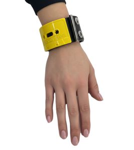 Calvin Klein Women's Bracelet with Audio Cassette Motif, Genuine Leather Bracelet, Stainless Steel, KJJMJB09010M, Black/Yellow