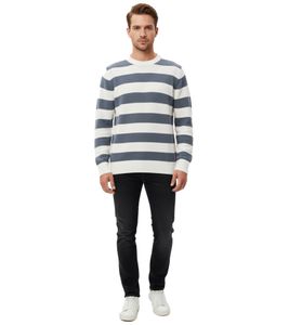 Stylish ESPRIT Men's Striped Knit Sweater, Crew Neck, Cotton Pullover, Blue/White