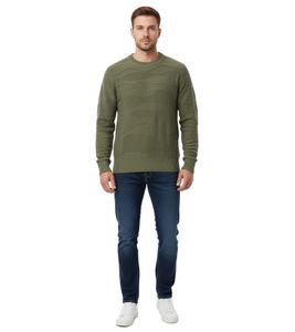 Stylish ESPRIT Men's Knit Sweater with Wave Pattern, Crew Neck, Cotton Sweater, Olive Green