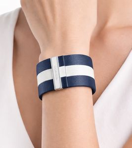 Modisches Calvin Klein Damen Echtleder-Armband mit breitem Kontraststreifen Arm-Schmuck Größe XS 15cm KJ9KWB0901 Navy/Weiß