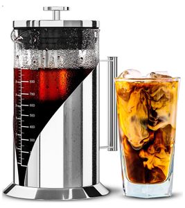 Cafe du Chateau Cold Brew Coffee Maker 1 Liter Iced Coffee Maker Filter Made of 304 Stainless Steel BPA-Free Coffee Machine Silver
