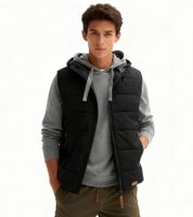Stylish Men's Quilted Vest with Two-Way Zipper, Transitional Vest with Hood, Cotton Vest 928464 Black