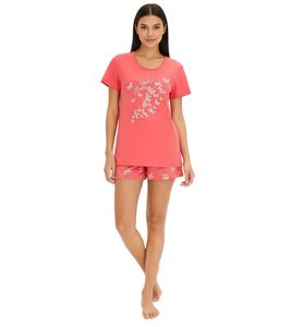 Pyjama court en coton doux pour femme, imprimé papillons, rose et blanc