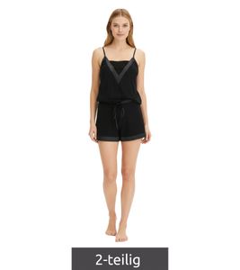 Elegant women's 2-piece cotton pajama set with satin trim, consisting of a top and bottom, 936951 Black