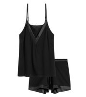 Elegante pigiama corto da donna in cotone con finiture in raso, completo da notte corto 936951 Nero