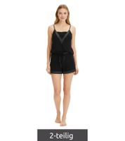 Elegant women's 2-piece cotton pajama set with satin trim, consisting of a top and bottom, 936951 Black