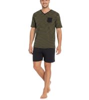 Pijama corto de algodón de dos piezas para hombre con bolsillo en el pecho y rayas, 957908 Negro/Oliva