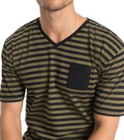 Pijama corto de algodón de dos piezas para hombre con bolsillo en el pecho y rayas, 957908 Negro/Oliva