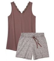 trendiger Damen Pyjama Baumwoll-Shorty mit Punkten und Spitze kurzes Schlafanzug-Set 959182 Braun/Grau