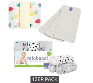 12-Pack Bambino Mio Baby Toddler Absorbent Inserts with Stay-Dry Top Layer - Reusable Cloth Diaper Inserts - White, Solid Color, Fruit Print, or Animal Print