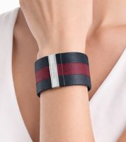 Trendy Calvin Klein women's genuine leather bracelet with a wide contrast stripe. Bracelet size XS (15cm) KJ9K in black, navy, red, or anthracite.