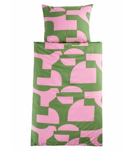 Comfortable 2-piece bedding set with a graphic pattern, consisting of a pillowcase (80x80cm) and duvet cover (135x200cm), sustainable cotton bedding set, green/pink