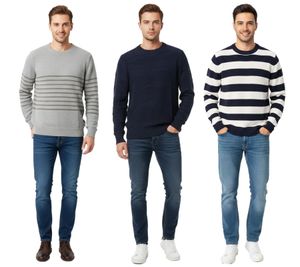 Stylischer ESPRIT Herren Strick-Pullover mit Streifen oder Wellenmuster Rundhals-Sweater Baumwoll-Pullover Dunkelblau/Weiß, Grau oder Blau