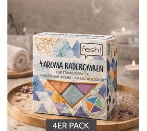 4er Pack fesh! Aroma Badebomben in vier verschiedene Farben und Duftrichtungen nachhaltiges Bade-Zubehör 4x40gr Wellness Blau/Lila/Orange/Gelb