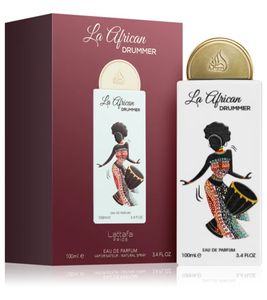 Lattafa La African Drummer Eau de Parfum, a fruity-fresh body perfume with a warm, oriental aura, in 100ml white.