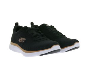 stoßdämpfende SKECHERS Flex Appeal 4.0 Damen Turn-Schuhe mit Air-Cooled Memory Foam Low Sneaker mit Logo-Patch Sport-Schuhe 149303-BKRG Schwarz/Weiß/Rosegold