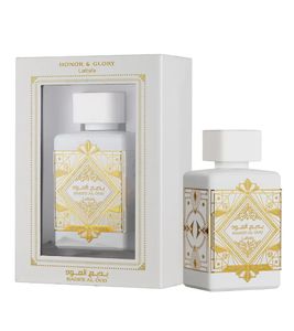 Lattafa Badee Al Oud Honor & Glory Eau de Parfum with an intense oriental-woody character, defined by warm oud depth. Body perfume in 100ml white.