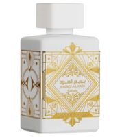 Lattafa Badee Al Oud Honor & Glory Eau de Parfum au caractère oriental boisé intense, défini par la chaleur et la profondeur du oud. Parfum pour le corps en flacon blanc de 100 ml.
