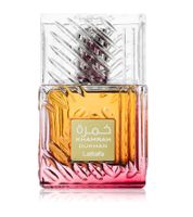 Oriental-spicy Lattafa Khamrah Dukhan unisex perfume in an elegant bottle – Eau de Parfum 100 ml Smoke Brown & Gold