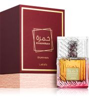 Oriental-spicy Lattafa Khamrah Dukhan unisex perfume in an elegant bottle – Eau de Parfum 100 ml Smoke Brown & Gold