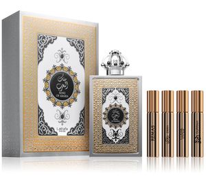 Oriental-Leather Lattafa King of Arabia Eau de Parfum 100 ml Unisex in a beautifully designed bottle with 4 additional fragrance samples (Silver & Gold)