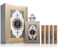 Oriental-Leather Lattafa King of Arabia Eau de Parfum 100 ml Unisex in a beautifully designed bottle with 4 additional fragrance samples (Silver & Gold)