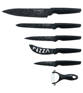 ROYALTY LINE 5-teiliges Messer-Set mit Schäler mit Marmorbeschichtung Kochmesser Brotmesser Universalmesser Pizzamesser Schälmesser Küchenhelfer RL-MB5N Schwarz
