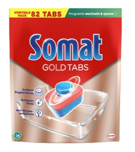 Somat Gold Dishwasher Tablets, 82 Tablets: Dishwasher tablets for sparkling clean dishes, even at low temperatures. Extra power against burnt-on food. Red/Multicolored.