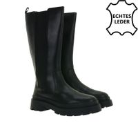 modische Damen Echt-Leder Stiefel Chunky Stiefel mit Elastikeinsatz 939306 Schwarz