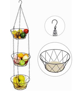 hängender The Rombs Obstkorb praktische Küchen-Etagere für Obst und Gemüse mit 3 Körben bis 15kg Holz/Schwarz