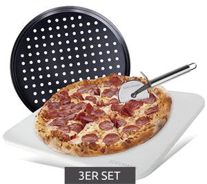 hitzebeständiges EDELMANN Pizza-Set Pizza-Stein mit Pizza-Schneider und Blech 38x30cm Schwarz/Weiß